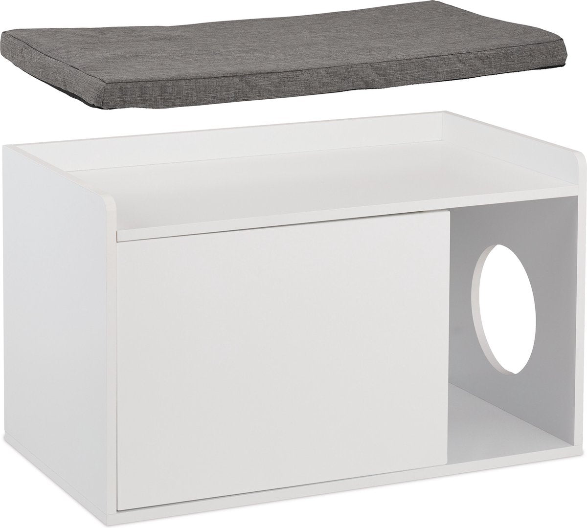  Relaxdays Kattenbak Ombouw - Met Zitkussen - Kattenhuis Wit - Kattenmeubel - Kattenkast