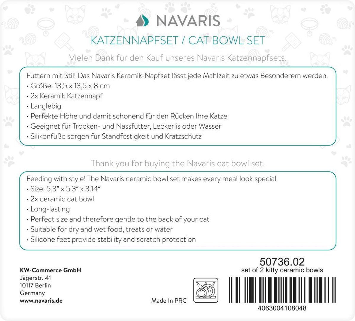  Navaris Voerbakjes Voor Katten - Set Van 2 Voer- En Waterbakken - Etensbak Van Keramiek - Met Antislip Voetjes - Kattenvorm - Roze/Groen
