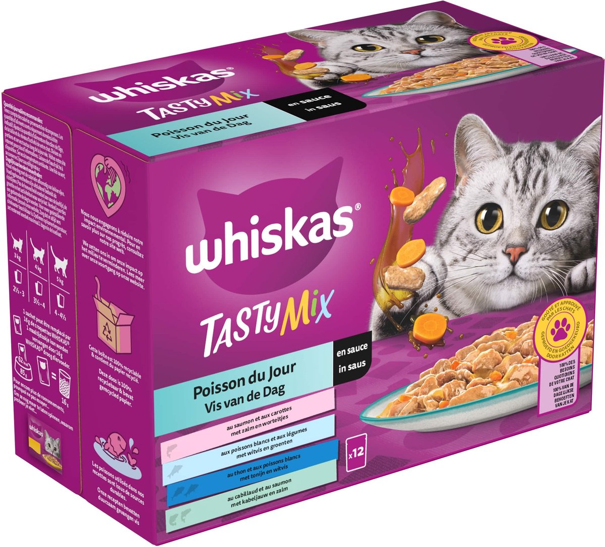  Whiskas 1+ Natvoer - Tasty Mix - Vis Van De Dag In Saus - Maaltijdzakjes 48 X 85 G