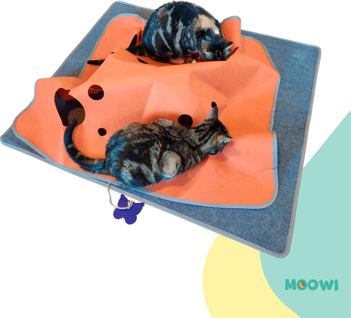  Moowi - Katten Speel Kleed – Kattentunnel – Hide And Seek Spel – Deken Kat – Kattenspeelgoed – Speelmat Katten Grijs – Incl. 2 Sisal Ballen En Verenspeeltje