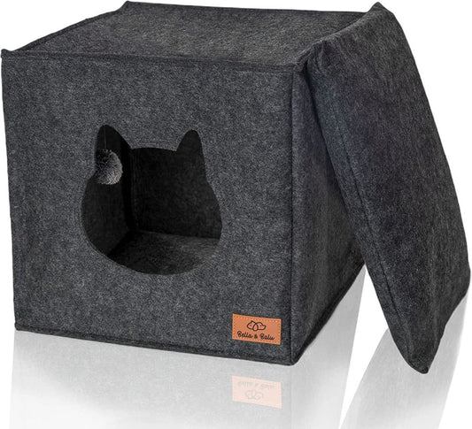  Bella &amp; Balu Vilten Kattengrot Incl. Kussen + Speeltje - Opvouwbare Knuffelgrot Voor Katten Om Te Slapen, Te Schuilen, Te Ravotten En Te Krabben (donkergrijs)