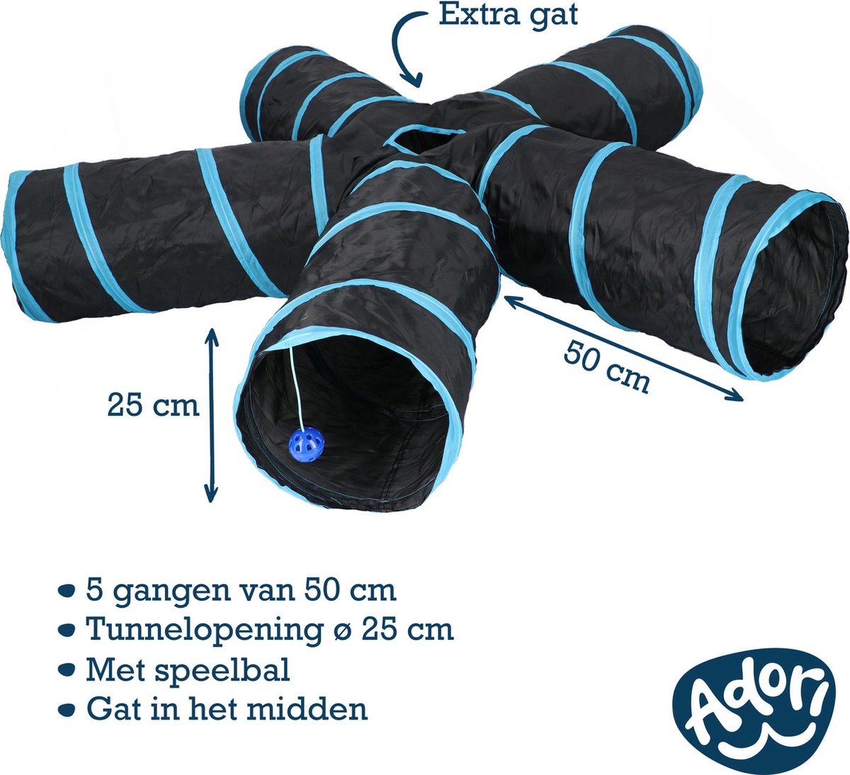  Adori Katten Tunnel 5 Gangen - Kattenspeelgoed - Ø25x50 Cm Zwart