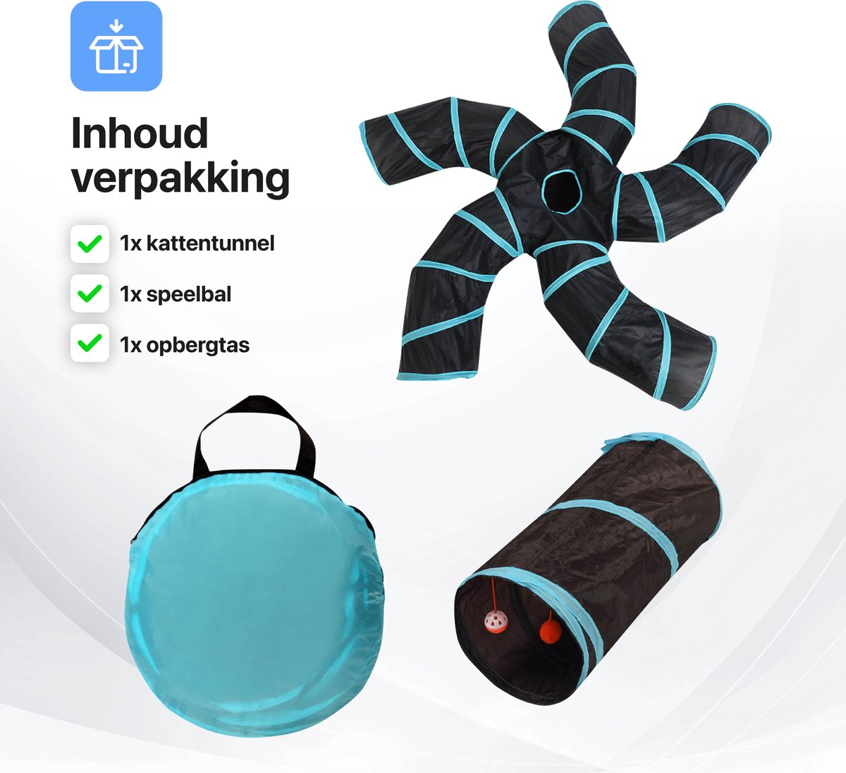  Tavaro Kattentunnel 5 Gangen - Met Speelbal - Kattenspeelgoed - Zwart / Blauw
