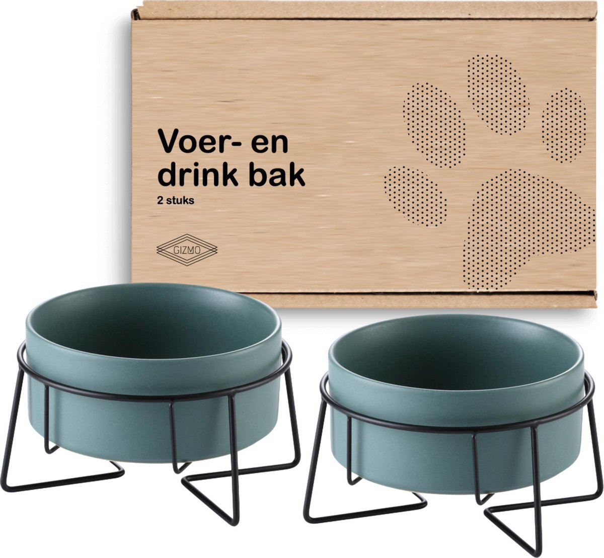  GIZMO 2x Voerbak Kat - 400 Ml - Groen - Keramische Drink- &amp; Voerbakken Met Standaard - 13 Cm - 2 Stuks