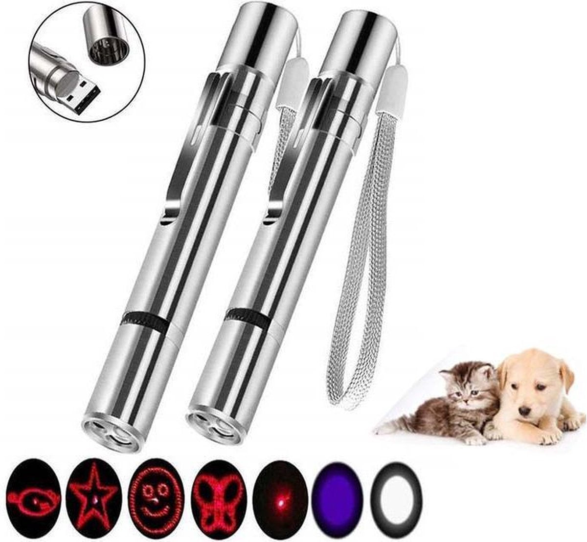  USB Laserpen-7 In 1- Kattenspeelgoed-rode Laser- Fluwelen Opbergzakje- LED- UV Licht- USB Oplaadbaar- Laserlampje- Nieuw Model 2020