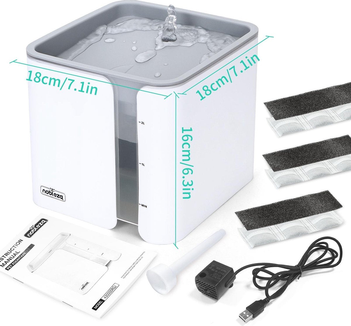  Nobleza USB Drinkfontein Voor Hond/Kat - 2L - Incl. 2 Filters - Wit