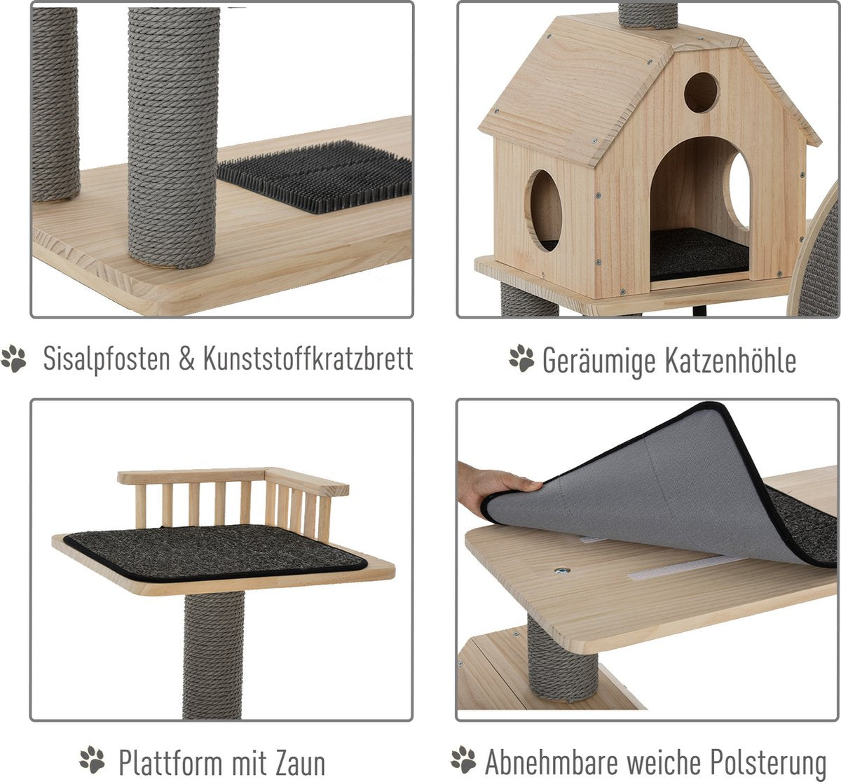  PawHut Kattenboom Met Loopwiel Krabpaal Met 4 Verdiepingen Kattenhuis Met Sisalpalen Massief Hout D30-303
