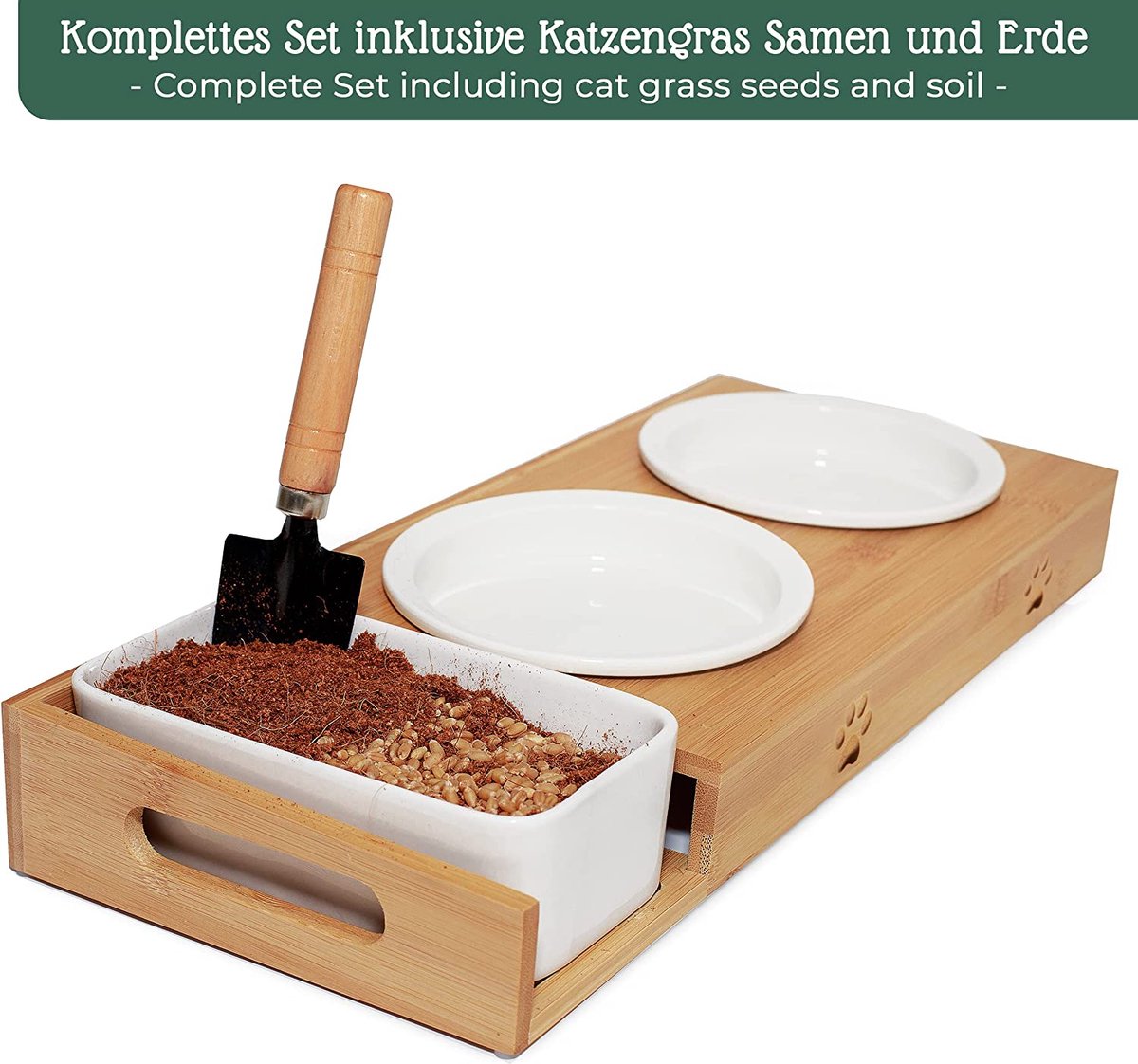  Pfotenolymp® Voederstation Met Kattengras Voor Katten - Porseleinen Kattenbak/Voedingsbak - Verhoogde Kom Set Met Kattengrasbak - Voerbak Hoog