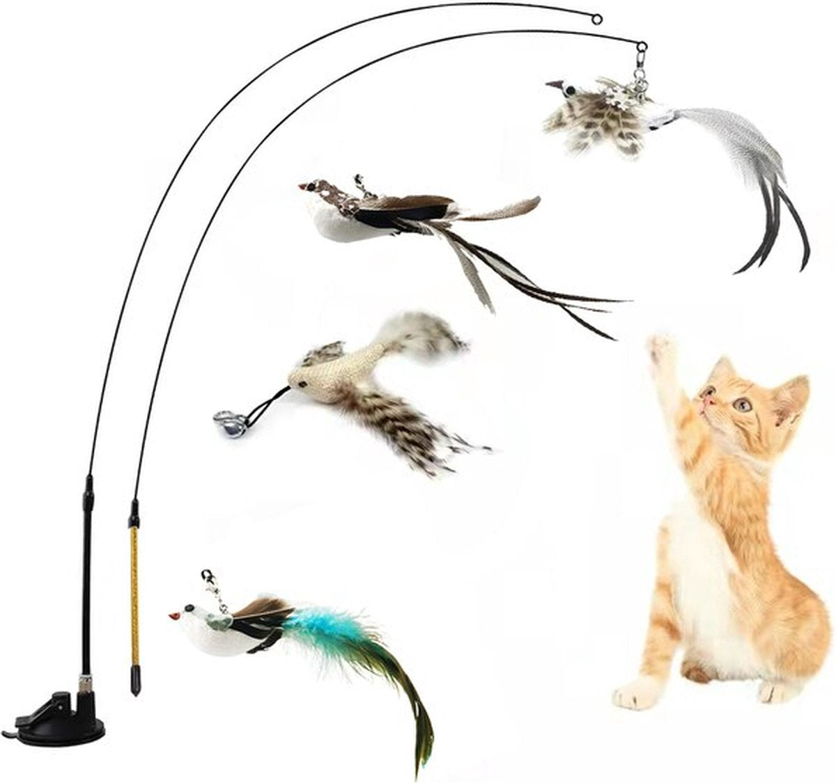  Kattenspeelgoed - Simulatie Vogel - Interactieve Grappige Kattenspeeltjes - Kattenhengel Met Zuignap + 4 Vogels + Een Kattenhengel GRATIS