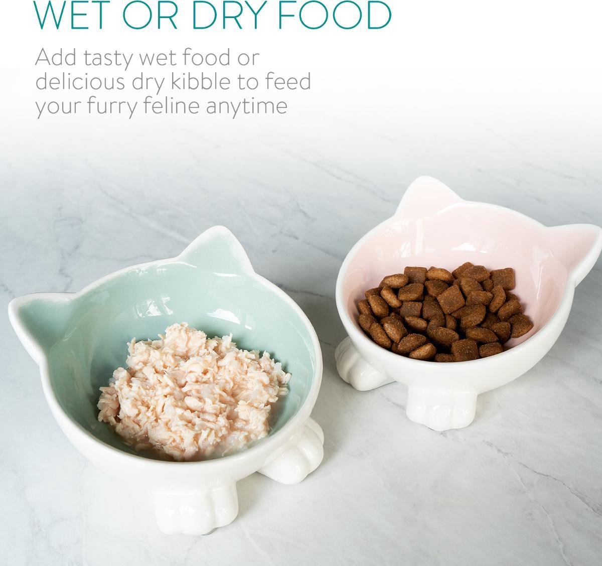  Navaris Voerbakjes Voor Katten - Set Van 2 Voer- En Waterbakken - Etensbak Van Keramiek - Met Antislip Voetjes - Kattenvorm - Roze/Groen