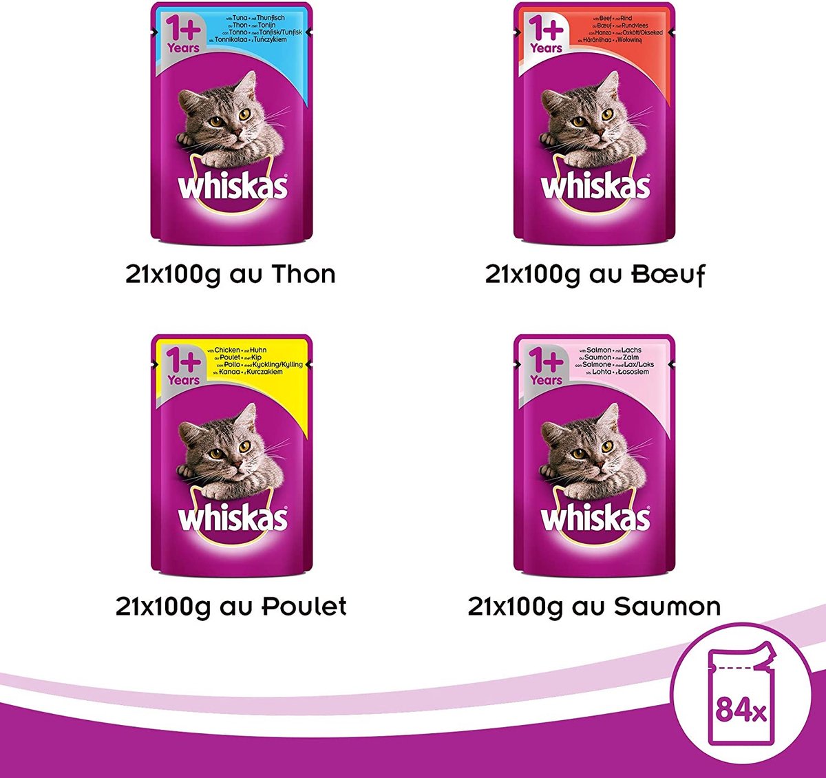  Whiskas 1 - Kattenvoer - Gehydrateerd - In Verschillende Smaken - 84 Stuks (84 X 100 G)