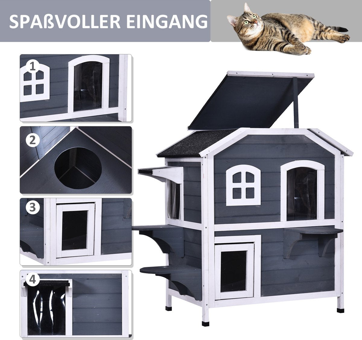  PawHut Kattenhuis Voor Buiten Kattenhut Met 2 Verdiepingen Kattenvilla, Asfaltdak, Massief Hout Grijs D30-236
