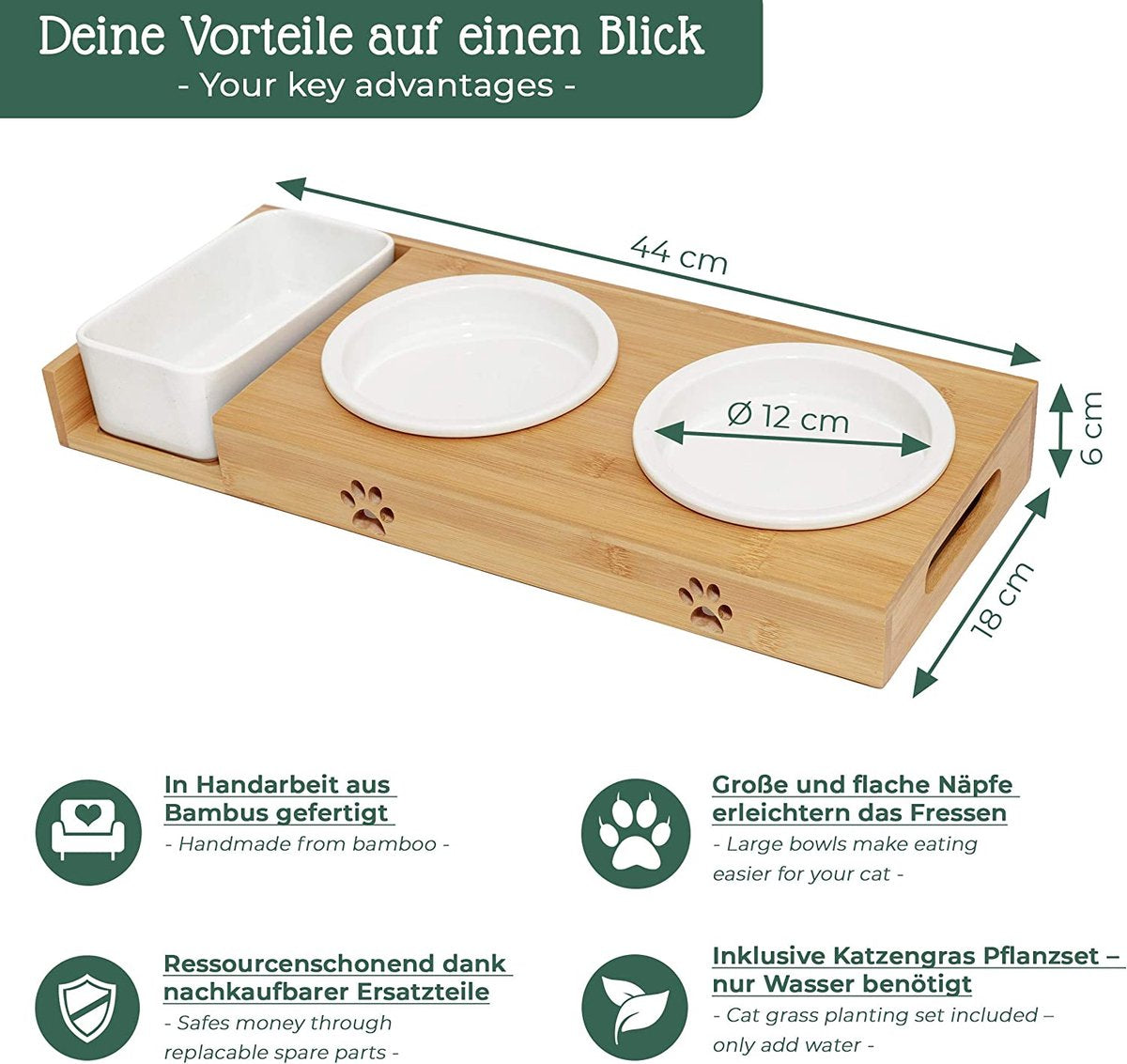  Pfotenolymp® Voederstation Met Kattengras Voor Katten - Porseleinen Kattenbak/Voedingsbak - Verhoogde Kom Set Met Kattengrasbak - Voerbak Hoog