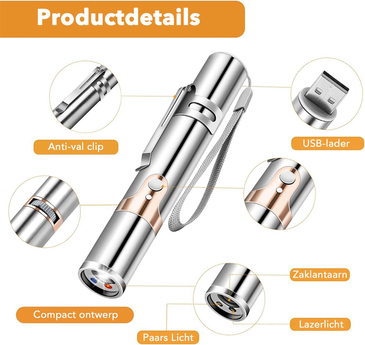  DOWO® - Laserpen - USB Oplaadbaar - Kattenspeeltjes - 7 Verschillende Standen - Laserlampje - RVS Zilver - Laser Pointer