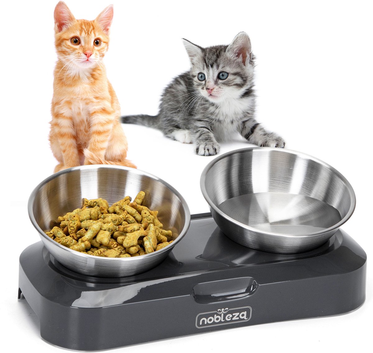  Nobleza Katten Voerbakjes - Ergonomische Dubbele Voerbak - Anti Braak Voerbak Voor Katten - Zwart - Dubbel - RVS