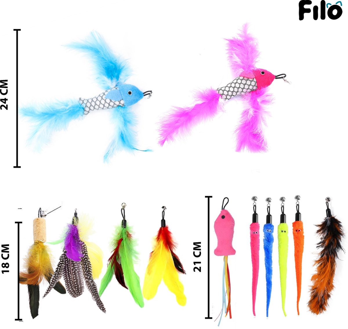 Filo Kattenhengel Set + 12 Kattenspeeltjes – Speelhengels Interactief Kattenspeelgoed – Hengel Kattenspeeltje Kittens - Speelgoed Speelhengel Vis Kat En Kitten