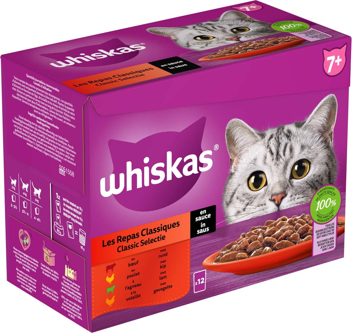  Whiskas 7+ Natvoer - Classic - Selectie In Saus - Maaltijdzakjes 48 X 85 G