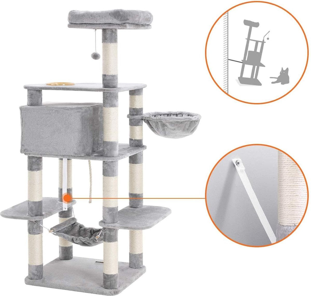 Merkloos XXL Luxe Katten Krappaal Met Hangmat Hangende Mand &amp; Katten Huisje - Activity Center - Grote Krappaal Klimpaal Met Speelset - Krabmeubel 164 CM Hoog - Sisal/Pluche - Grijs