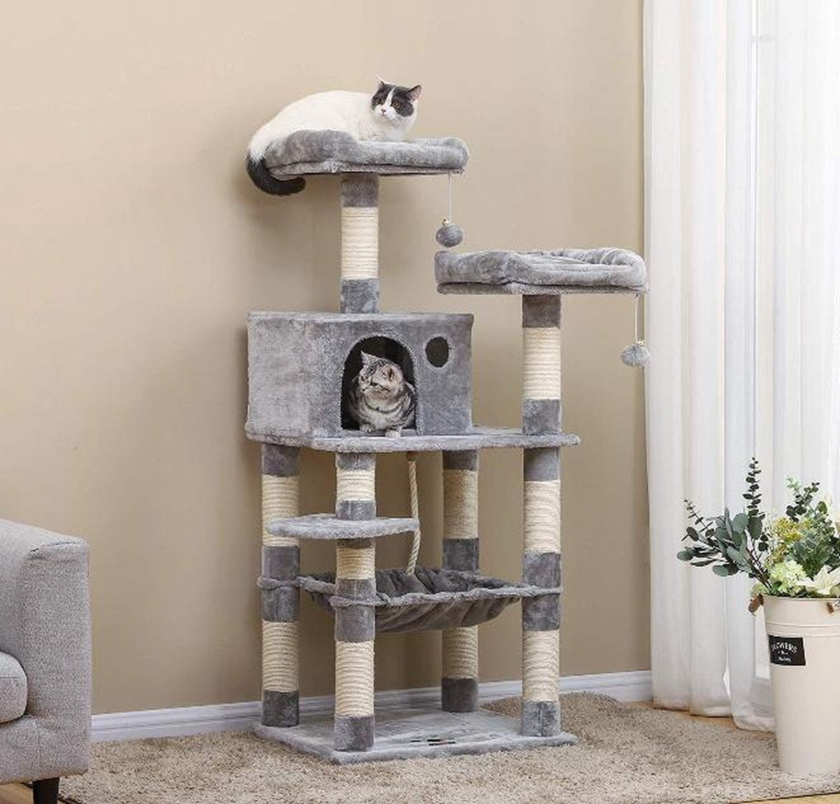  MIRA Home Krabpaal - Kattentoren - Huisdieren - Stabiel - Hout - Grijs/Wit - 55x45x143