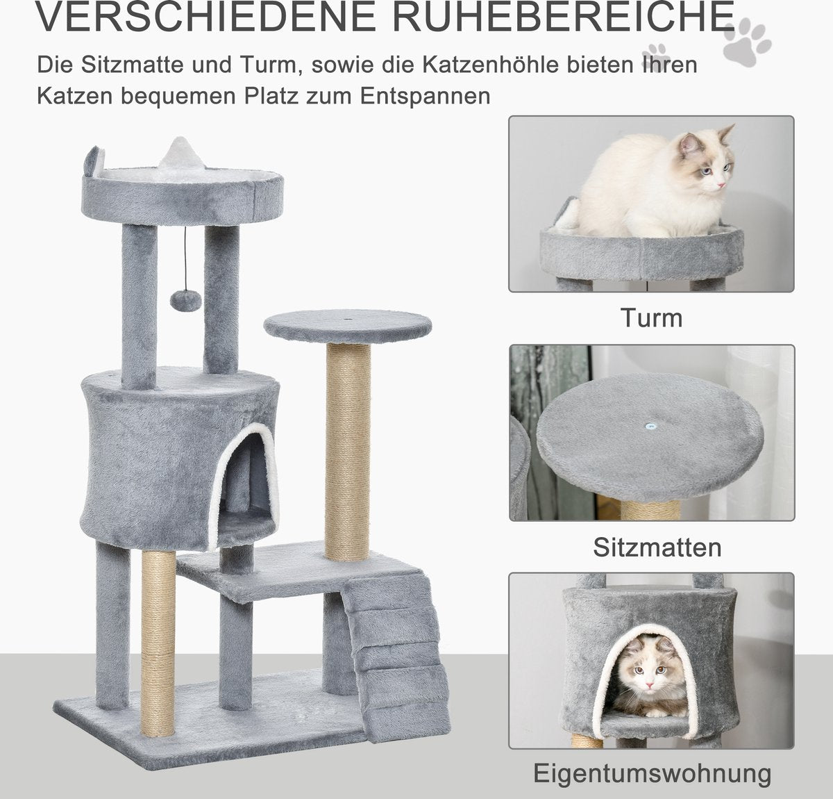  PawHut Krabpaal Kattenboom Met Kattengrot Trap Spaanplaat Jute Grijs D30-360