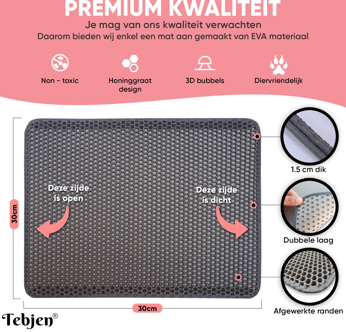  TEBJEN Kattenbakmat – Kattenbak Mat Grit Opvanger - Schoonloop Katten Mat – Dubbele Waterdichte Laag – Uitloopmat Kattenbak – Kattenbak Accessoires - Met Speelgoedmuisje En Schepje - 30cm * 30cm