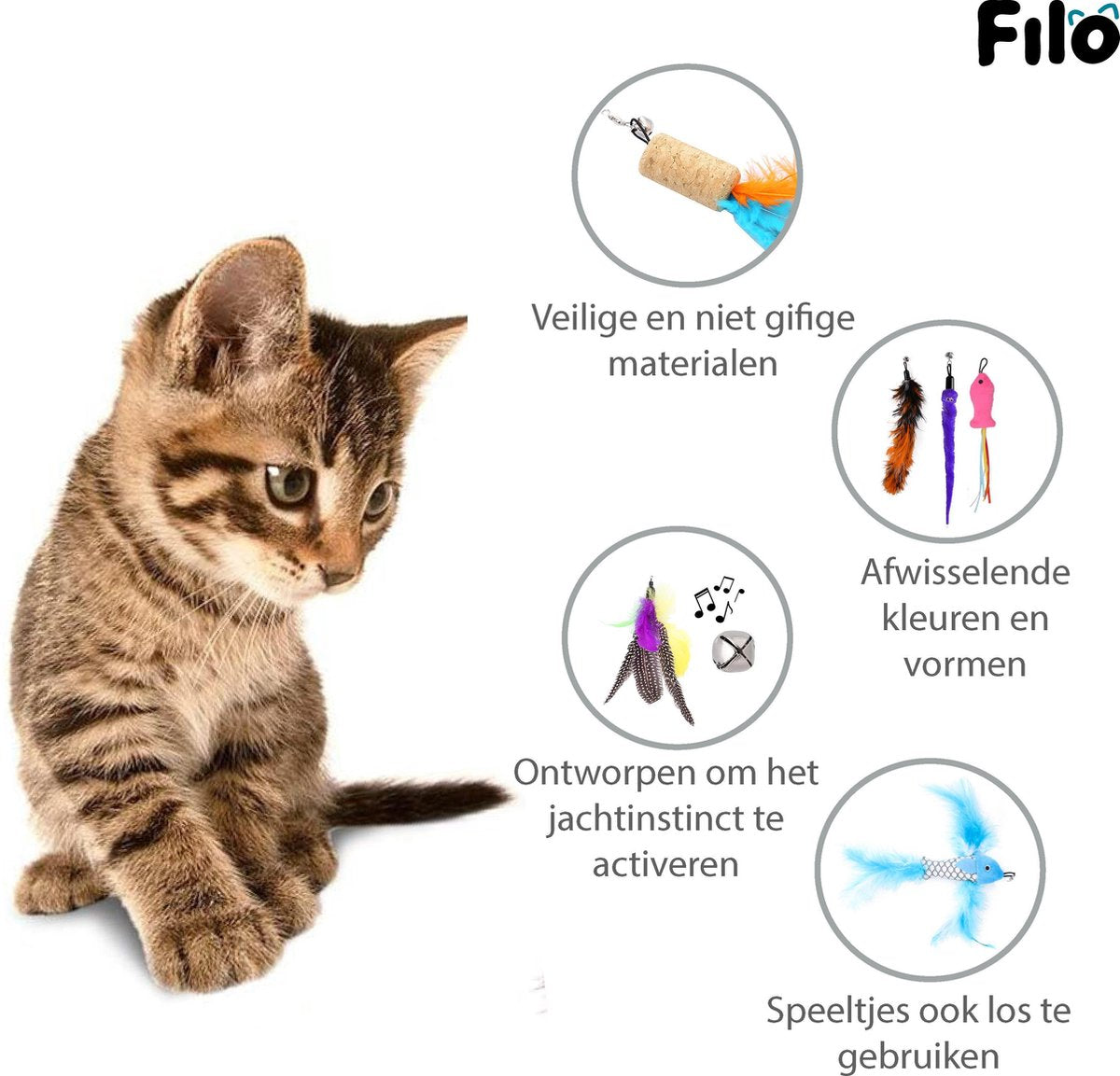  Filo Kattenhengel Set + 12 Kattenspeeltjes – Speelhengels Interactief Kattenspeelgoed – Hengel Kattenspeeltje Kittens - Speelgoed Speelhengel Vis Kat En Kitten