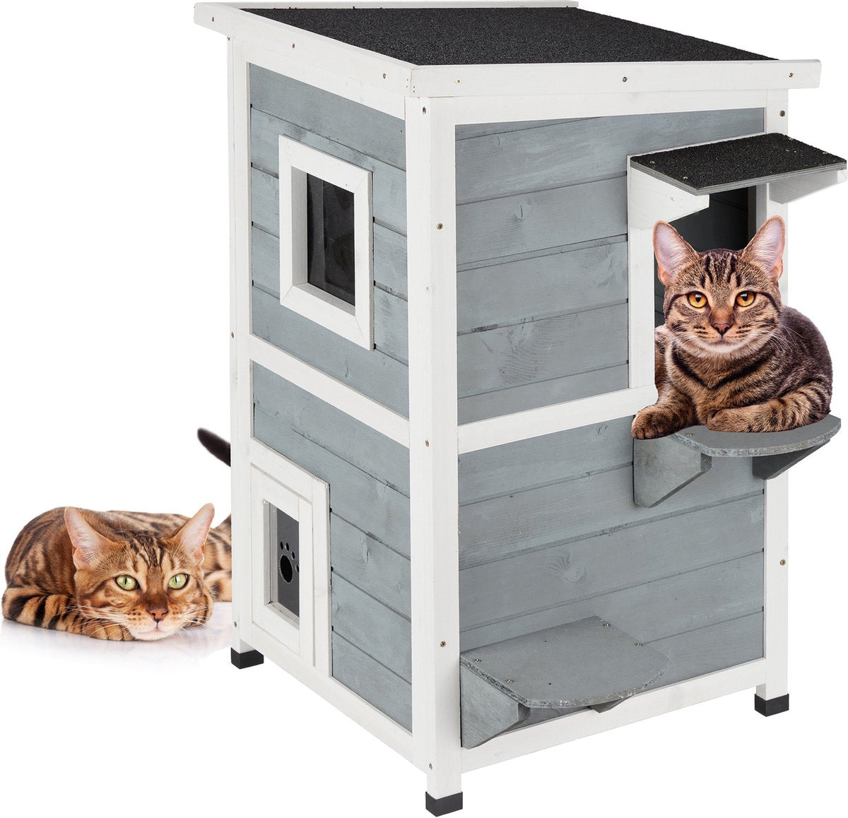  Relaxdays Kattenhuis Buiten - Groot Kattenhok Binnen - Hoog Kattenmeubel Grijs Hout - Tuin