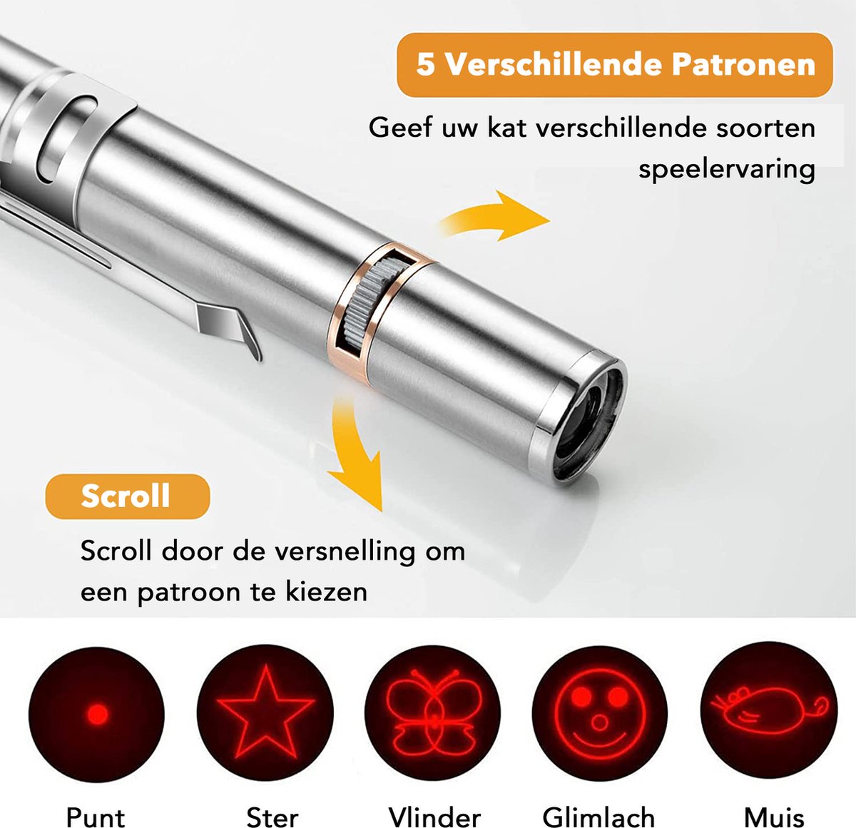  DOWO® - Laserpen - USB Oplaadbaar - Kattenspeeltjes - 7 Verschillende Standen - Laserlampje - RVS Zilver - Laser Pointer