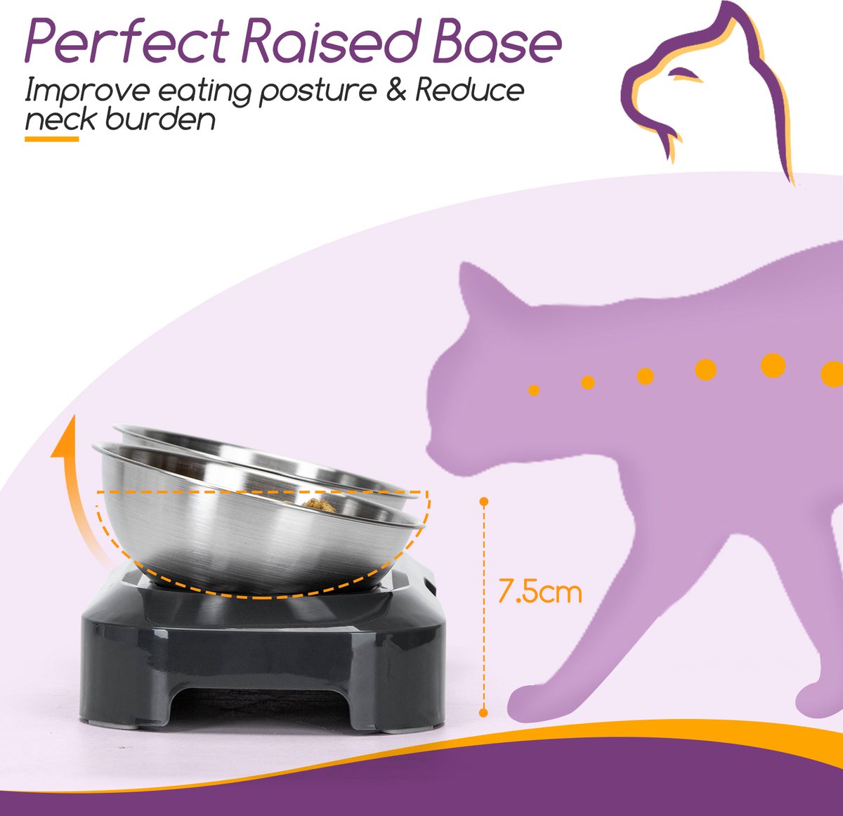  Nobleza Katten Voerbakjes - Ergonomische Dubbele Voerbak - Anti Braak Voerbak Voor Katten - Zwart - Dubbel - RVS