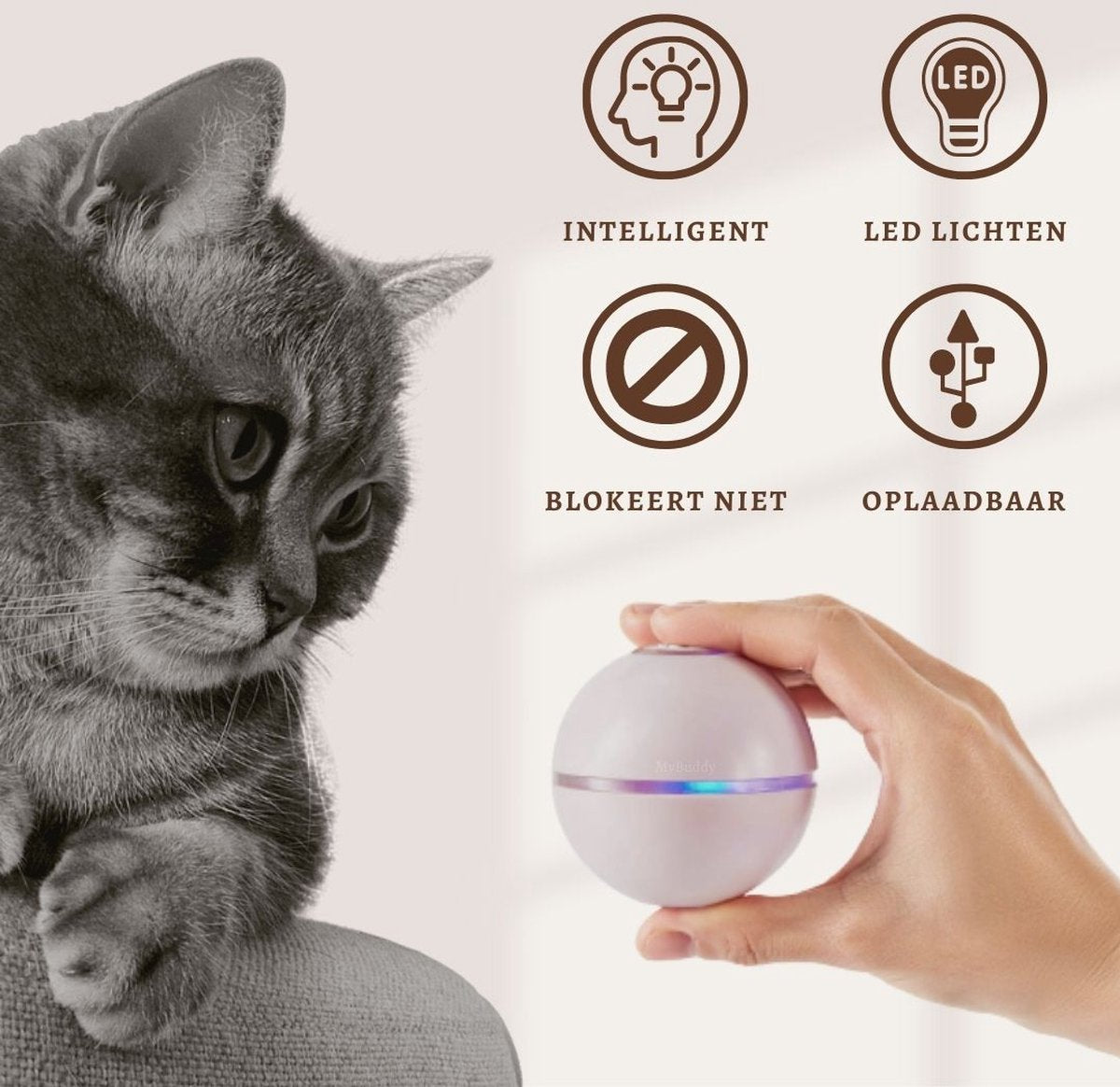  MyBuddy - Interactieve Zelf Rollende Bal - Kattenspeeltjes - Kattenspeelgoed - Bal Voor Katten - LED Lights - Speelgoed - USB - Roze
