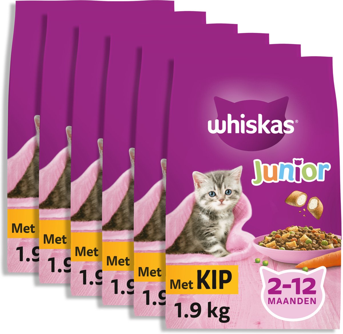  Whiskas Junior - Kattenbrokken - Kip - Zak 6 X 1,9 Kg