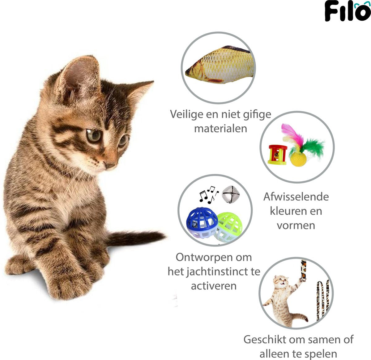  Filo Kattenspeelgoed Set 30 Stuks - Kattenspeeltje Kattentunnel - Kattenhengel - Kattenveertjes - Vis Met Kattenkruid - Kattenspeeltjes Intelligentie Kitten - Interactief Speelgoed Katten - Poezen Speeltjes