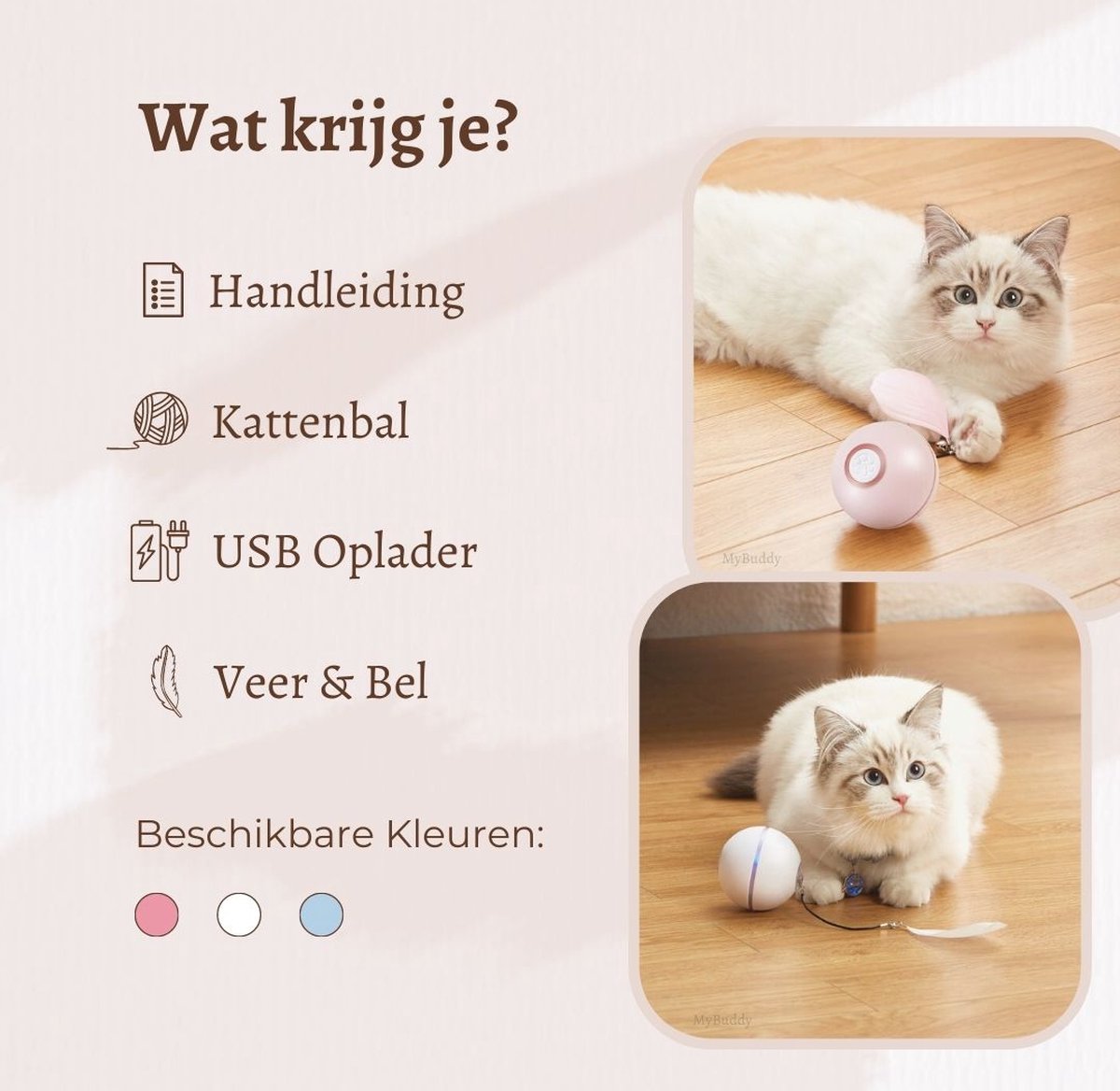  MyBuddy - Interactieve Zelf Rollende Bal - Kattenspeeltjes - Kattenspeelgoed - Bal Voor Katten - LED Lights - Speelgoed - USB - Roze
