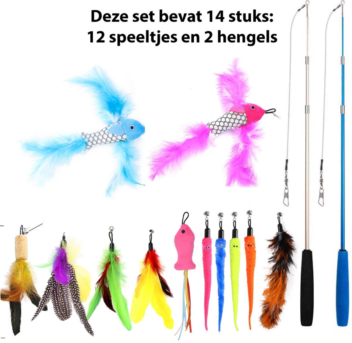  Filo Kattenhengel Set + 12 Kattenspeeltjes – Speelhengels Interactief Kattenspeelgoed – Hengel Kattenspeeltje Kittens - Speelgoed Speelhengel Vis Kat En Kitten
