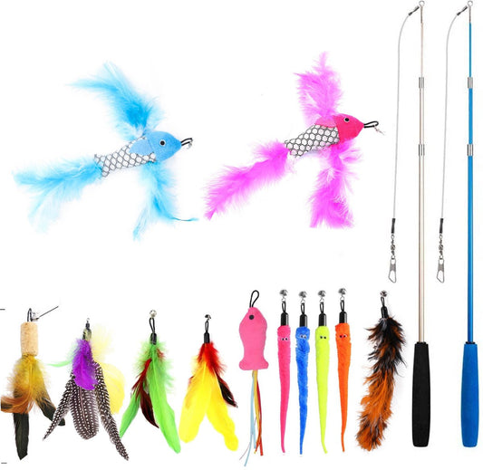  Filo Kattenhengel Set + 12 Kattenspeeltjes – Speelhengels Interactief Kattenspeelgoed – Hengel Kattenspeeltje Kittens - Speelgoed Speelhengel Vis Kat En Kitten