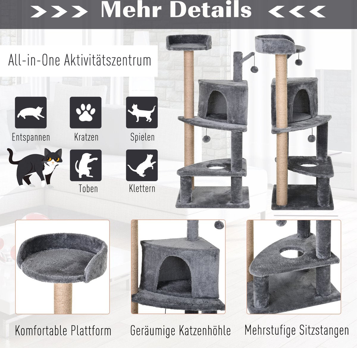  PawHut Krabpaal Met Speelballen Kattenkrabpaal Kattenhuis Jute Paal, Grijs D30-281
