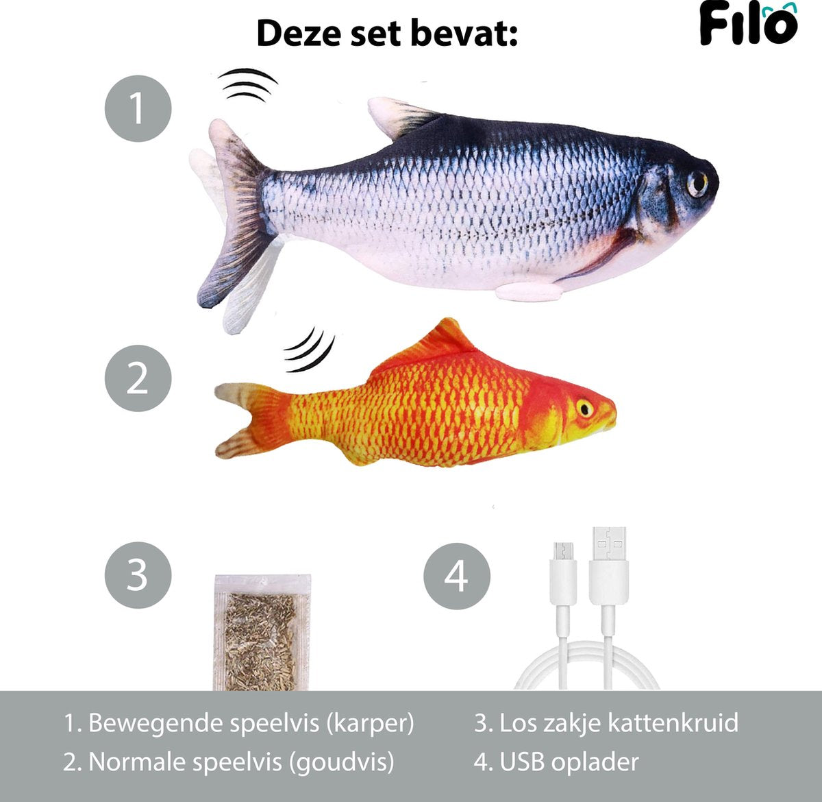  Filo Elektrisch Kattenspeeltje Bewegende Vis 30CM Met Kattenkruid + Goudvis 20CM - Interactief Speelgoed Katten - Elektronisch Kattenspeelgoed - Dansende Elektrische Speelvis Kat - Kattenspeeltjes Intelligentie - Speelgoed Kittens - Speeltjes Kitten