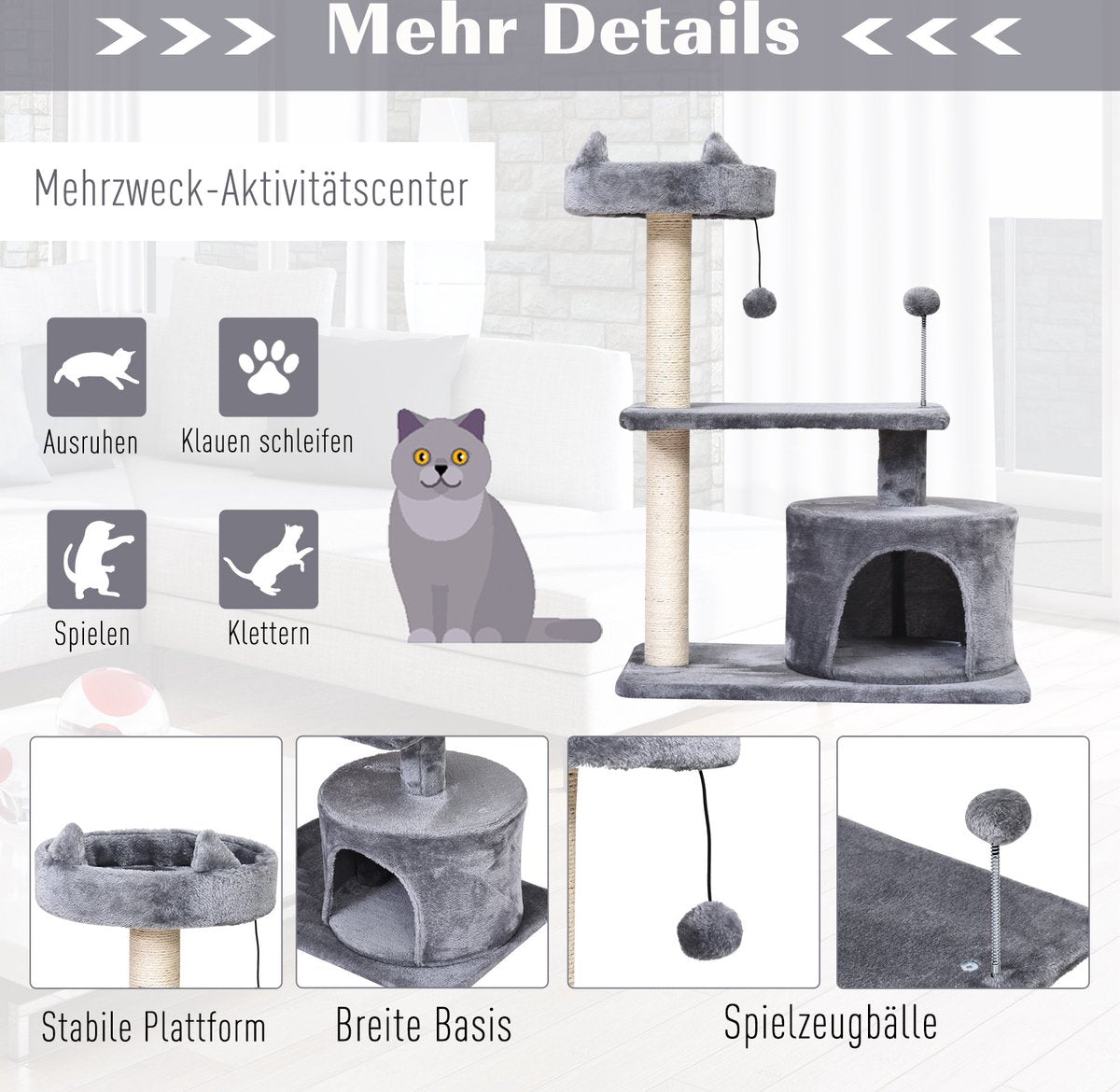  PawHut Kattenboom 3 Verdiepingen Krabpaal Kattengrot Met Sisal Palen Krabplank Pluche D30-258