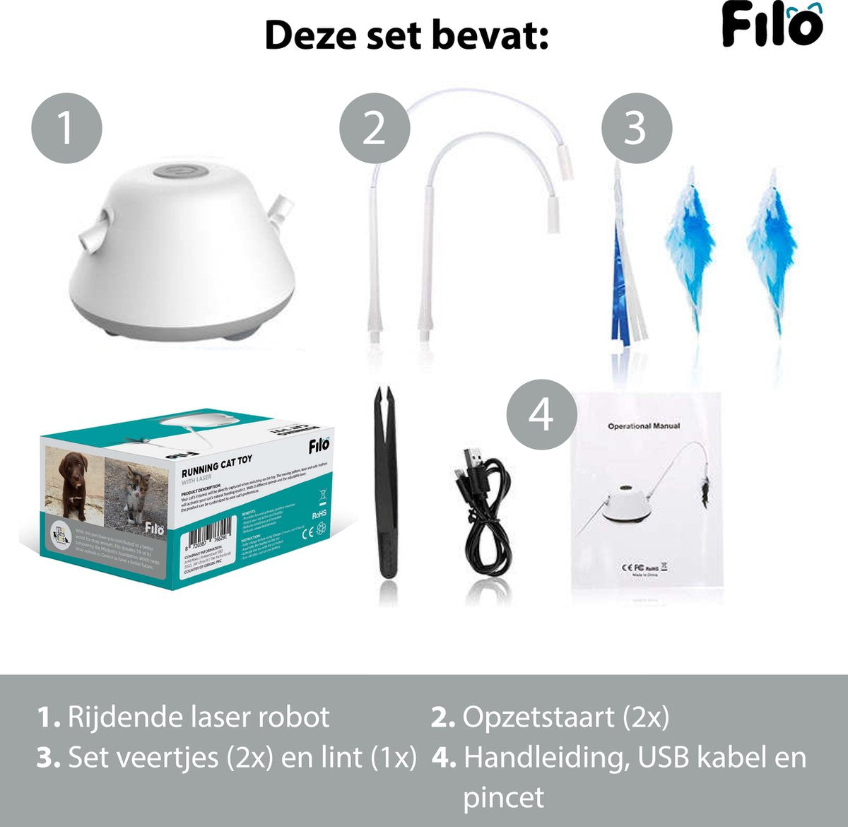 Filo Elektrisch Rijdend Kattenspeelgoed Met Laser - Rijdend Kattenspeeltje - Automatisch Interactief Speelgoed Katten - Kattencadeaus - Elektronisch Speelgoed Kittens - Kat - Kitten - Laserspeelgoed - Kado