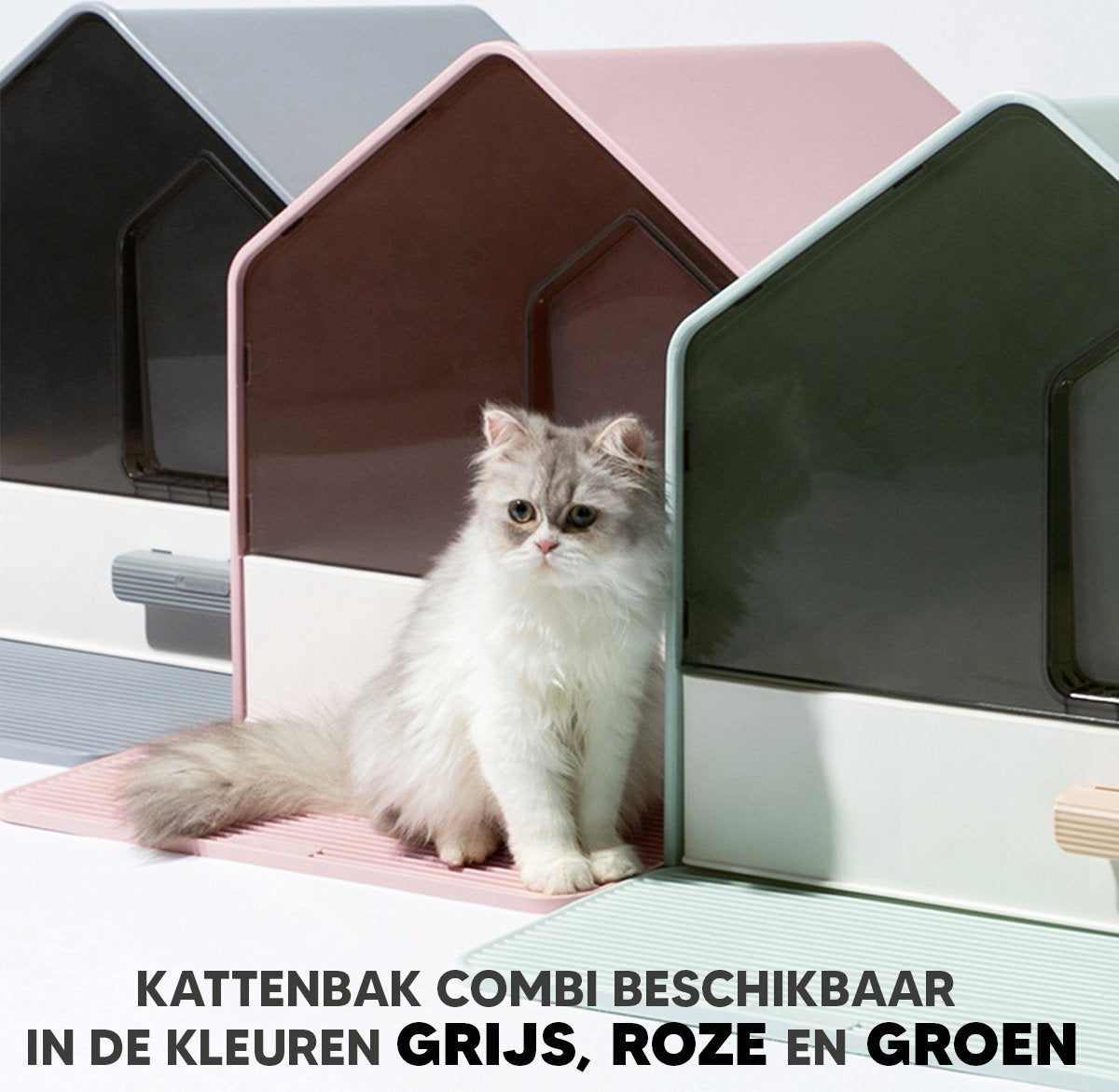  Kattenbak Villa Met Dubbele Voerbak En Kattenbakmat – Kat - Drinkbak – Modern En Stijlvol - Design - Groen