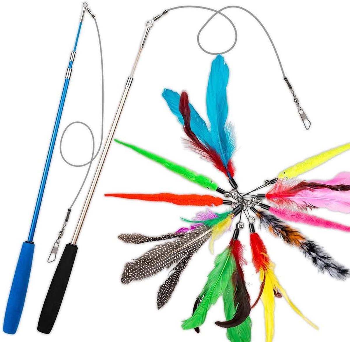 Merkloos 2 Kattenhengels Met 10 Speeltjes – Bewegende Kattenspeeltjes Met Veren En Belletjes – Interactieve Kattenspeelgoed Voor Kittens – Cat Toys