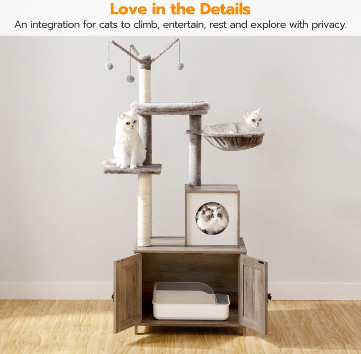  Signature Home Catty Krabpaal Met Kattenbak - Kattenbakkast - Kattenhuis Met Deur En Slot - Krabpalen Met Hangmat Mand Katten Huis - Kattenbakmeubel Verborgen - Alles-in-één Kattenspeelgoed Met Kattenhuis - Grijs - 60cm X 150cm X 48cm