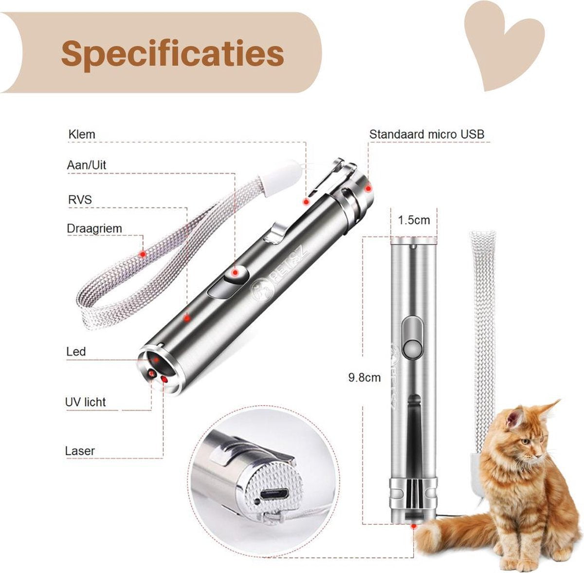  Laserpen - USB - Kattenspeeltjes - Zaklamp - Kat - Laser - Kattenspeelgoed - RVS Opbergblikje