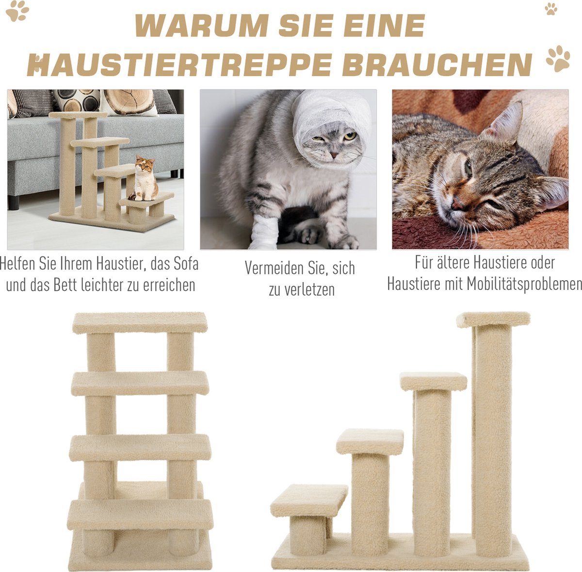  PawHut Dierentrap, Kattentrap, Hondentrap, Trap Voor Katten En Honden, 4 Treden, Beige, 63,5 X 43 X 60 Cm D30-006