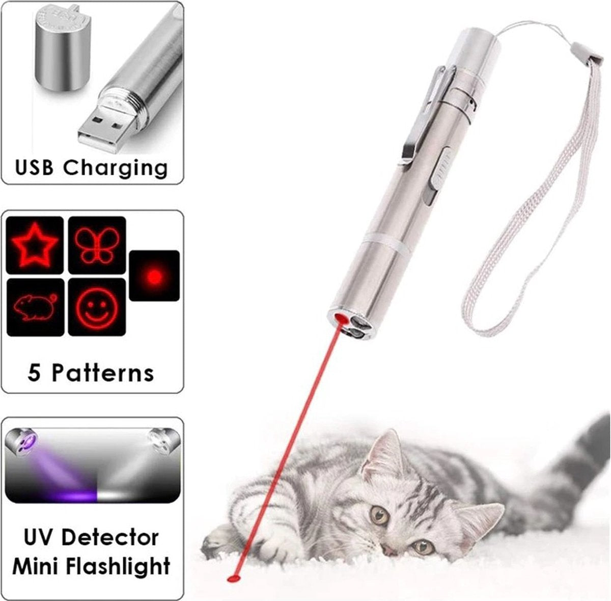 Merkloos Laserpen - Daily Accessoires - USB Oplaadbaar - Kattenspeeltjes - Laserlampje - 7 Verschillende Standen - RVS Zilver - Zaklamp - UV Lamp – Kattenspeelgoed