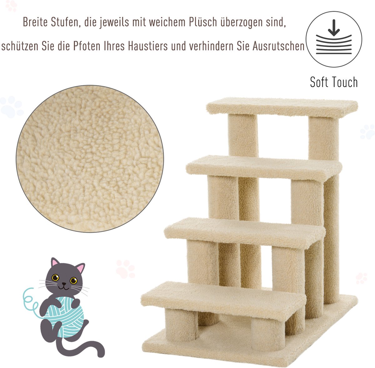  PawHut Dierentrap, Kattentrap, Hondentrap, Trap Voor Katten En Honden, 4 Treden, Beige, 63,5 X 43 X 60 Cm D30-006
