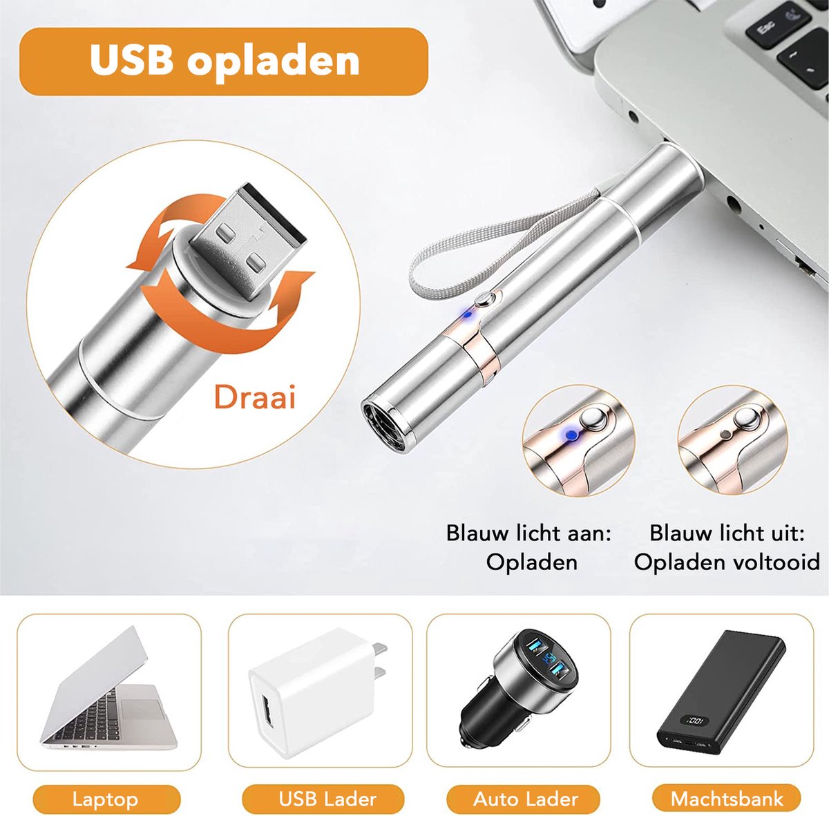  DOWO® - Laserpen - USB Oplaadbaar - Kattenspeeltjes - 7 Verschillende Standen - Laserlampje - RVS Zilver - Laser Pointer