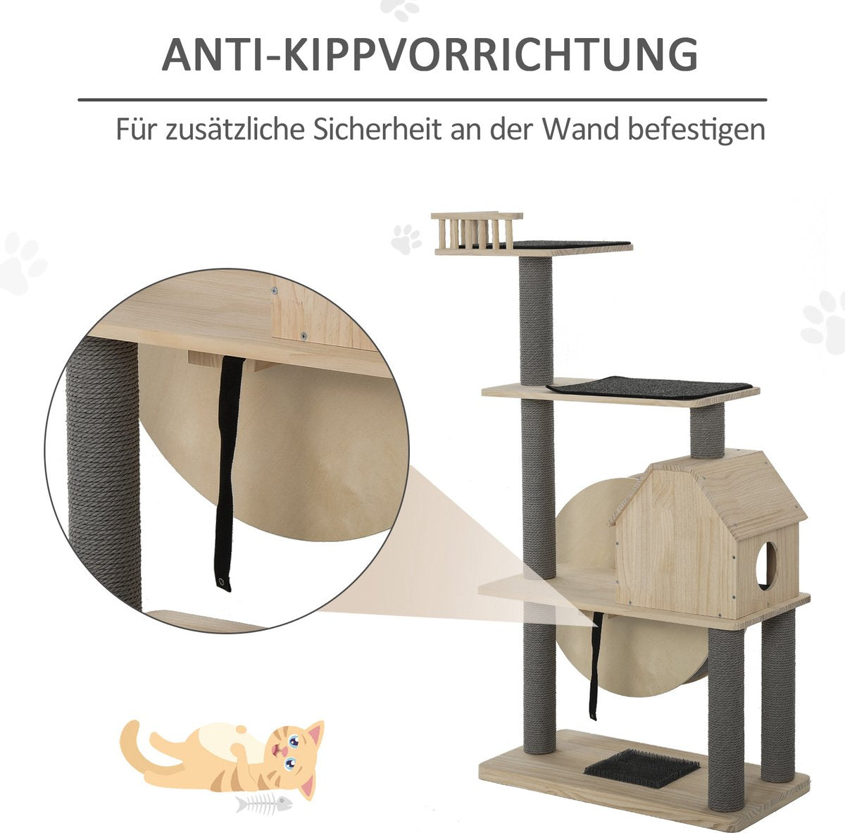  PawHut Kattenboom Met Loopwiel Krabpaal Met 4 Verdiepingen Kattenhuis Met Sisalpalen Massief Hout D30-303