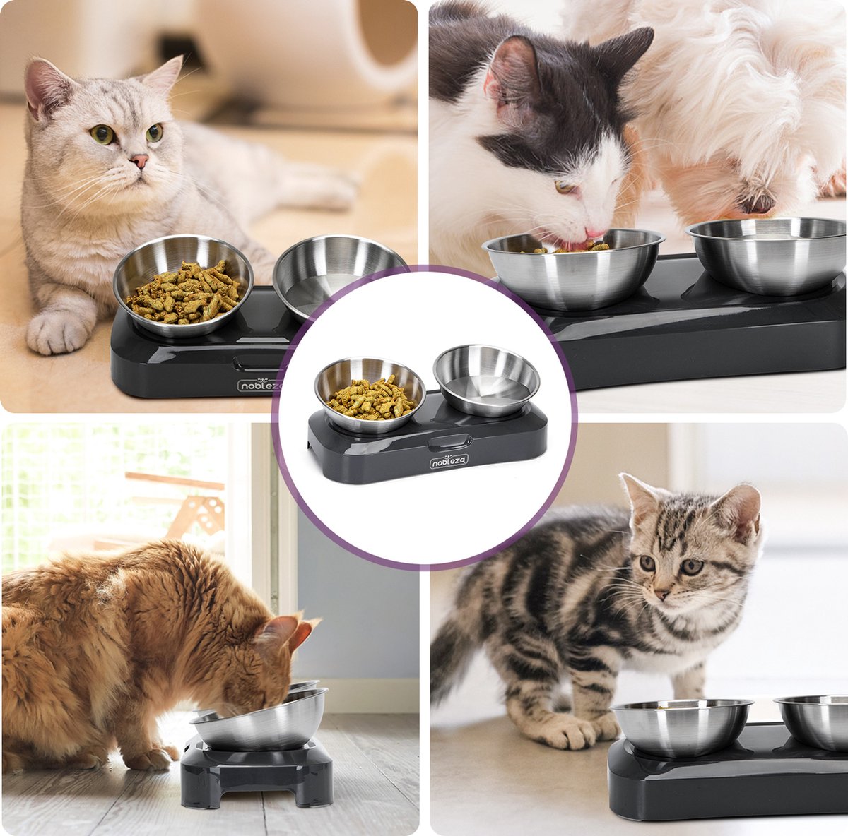  Nobleza Katten Voerbakjes - Ergonomische Dubbele Voerbak - Anti Braak Voerbak Voor Katten - Zwart - Dubbel - RVS