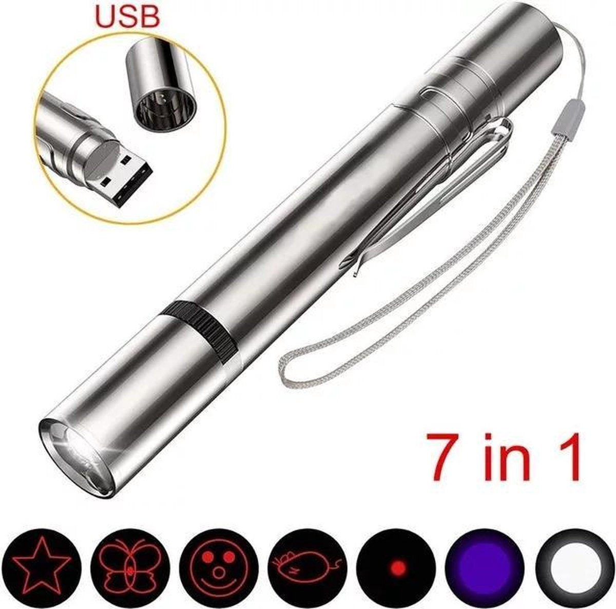  Laserpen - Oplaadbaar Met USB - Rode Laser - RVS Zilver - UV - Zaklamp - LED - Kat - Katten Speeltjes - Kattenspeelgoed - 7 Verschillende Standen